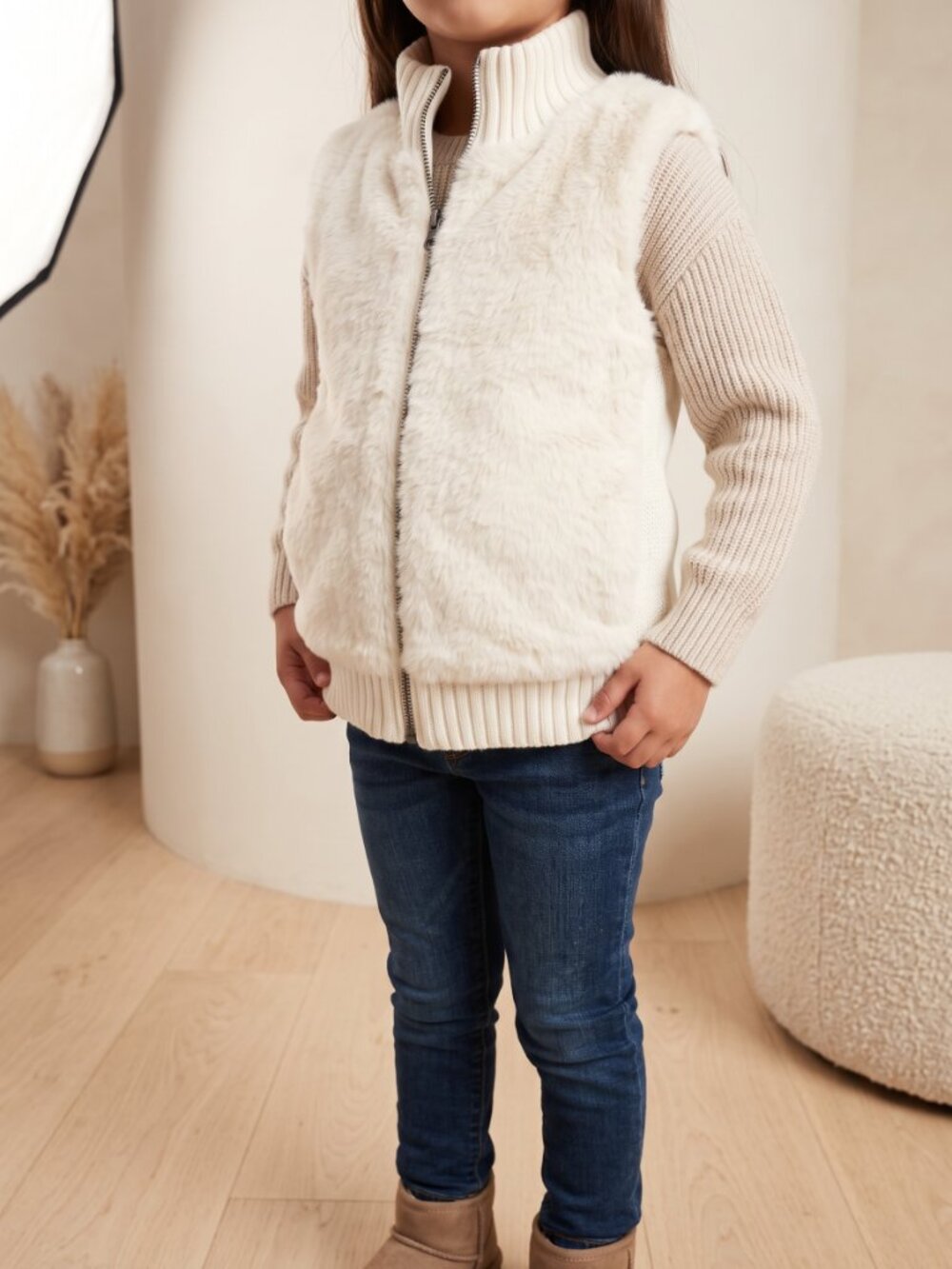GAP Cream Faux Fur Zip-Up Vest